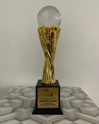 Gold Global Woman Leaders trophy with a crystal globe